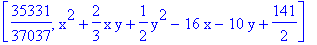 [35331/37037, x^2+2/3*x*y+1/2*y^2-16*x-10*y+141/2]